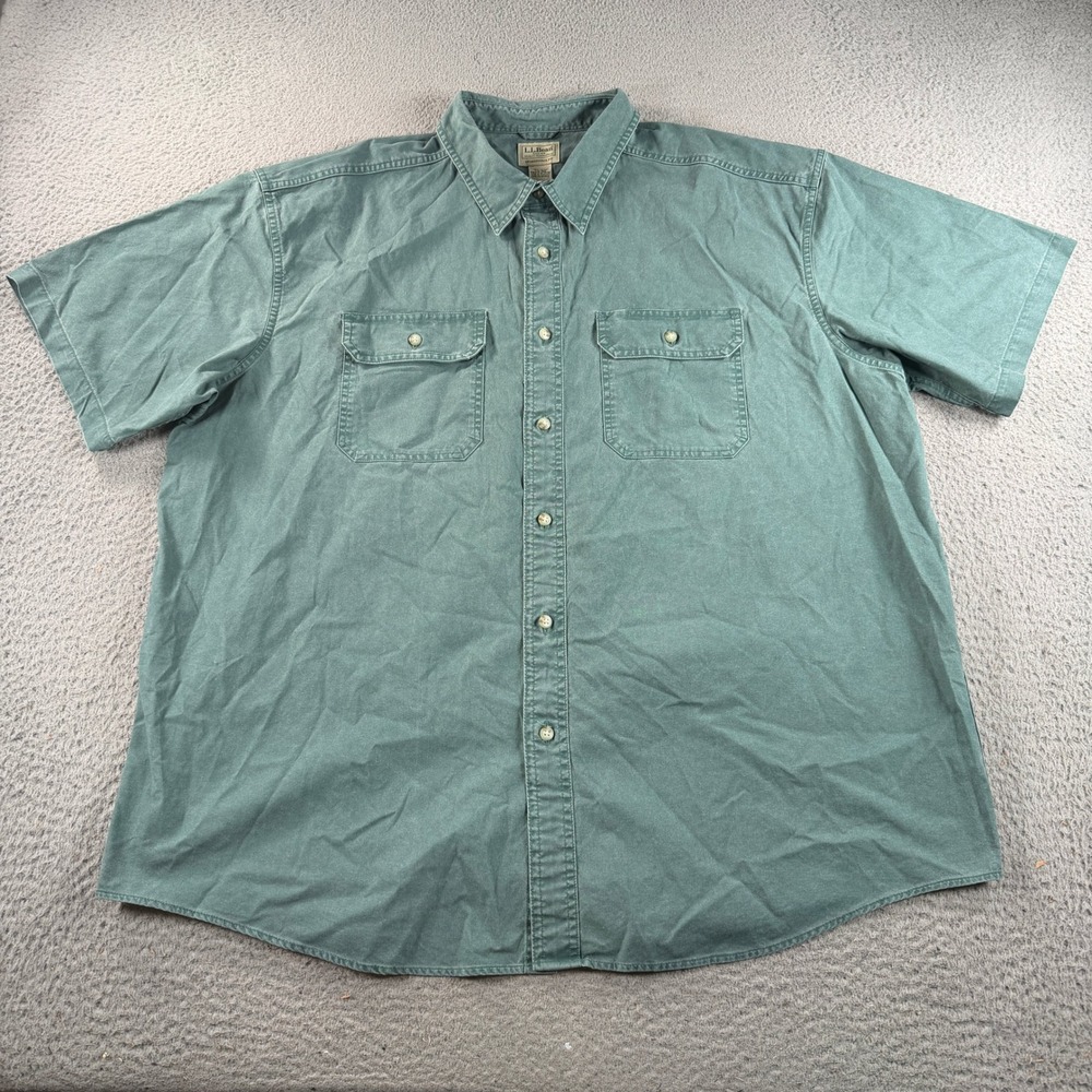 L.L Bean Sunwashed Canvas Shirt Mens 2XL Green Chore Pockets Button Down Cotton